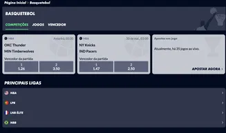 Página de apostas de basquetebol no Solverde.pt com jogos da NBA e odds para NY Knicks vs IND Pacers e OKC Thunder vs MIN Timberwolves.